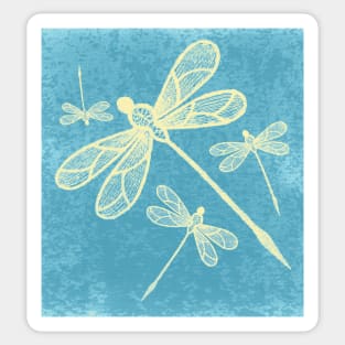 Abstract dragonflies in yellow on textured blue Sticker